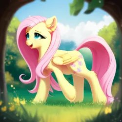 Size: 2048x2048 | Tagged: safe, derpibooru import, machine learning generated, purplesmart.ai, stable diffusion, fluttershy, pegasus, pony, female, full body, image, mare, nature, open mouth, png, side view, solo, walking