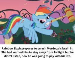 Size: 2000x1600 | Tagged: semi-grimdark, derpibooru import, edit, edited screencap, screencap, rainbow dash, sweet and elite, caption, croquet mallet, image, implied lesbian, implied mordetwi, implied murder, implied shipping, implied twidash, implied twilight sparkle, mallet, png, ponestrip, text, this will end in death, this will end in pain, yanderebow dash