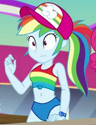 Size: 623x816 | Tagged: safe, derpibooru import, edit, edited screencap, editor:incredibubbleirishguy, screencap, rainbow dash, equestria girls, equestria girls series, spring breakdown, spoiler:eqg series (season 2), belly, belly button, bikini, cap, clothes, cropped, exposed belly, front knot midriff, hat, image, midriff, png, swimsuit, tanktop