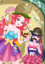 Size: 1000x1414 | Tagged: safe, artist:lord--opal, derpibooru import, pinkie pie, twilight sparkle, human, a photo booth story, eqg summertime shorts, equestria girls, bubble, bubble pipe, detective, duo, duo female, fake moustache, fall formal outfits, female, hat, human coloration, image, jpeg, magnifying glass, pipe, scene interpretation