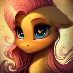 Size: 1536x1536 | Tagged: safe, artist:zealousmagician, derpibooru import, machine learning assisted, machine learning generated, purplesmart.ai, stable diffusion, fluttershy, pegasus, pony, g4, blue eyes, bust, curly mane, derpibooru exclusive, ear fluff, female, floppy ears, heart, heart eyes, image, long mane, looking at you, mare, png, portrait, prompter:zealousmagician, simple background, smiling, smiling at you, solo, sparkly eyes, wingding eyes, yellow background