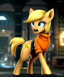 Size: 1280x1536 | Tagged: safe, derpibooru import, machine learning assisted, machine learning generated, stable diffusion, leon, pony, ashley graham, blonde mane, blonde tail, cheese, clothes, cutie mark, danger, detailed background, female, fluffusion, food, frightened, gun, handgun, help, help me, helpless, image, imminent death, mare, meme, parody, pistol, png, reaching, reference, reference to another series, resident evil, resident evil 4, scared, solo, solo female, sweater, tail, turtleneck, weapon