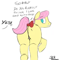 Size: 1000x1000 | Tagged: suggestive, artist:bifrose, derpibooru import, fluttershy, king sombra, pony, ass, bow, butt, butterscotch, emanata, image, male, png, rule 63, simple background, stallion, white background