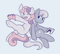 Size: 2400x2160 | Tagged: safe, artist:evelili, derpibooru import, silver spoon, sweetie belle, earth pony, pony, unicorn, controller, duo, eyes closed, happy, image, jpeg, looking back, open mouth, open smile, playstation, playstation 5, simple background, smiling