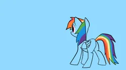 Size: 1264x700 | Tagged: safe, artist:mcdashin, derpibooru import, rainbow dash, pegasus, pony, blue background, cyan background, image, jpeg, simple background, solo, wallpaper