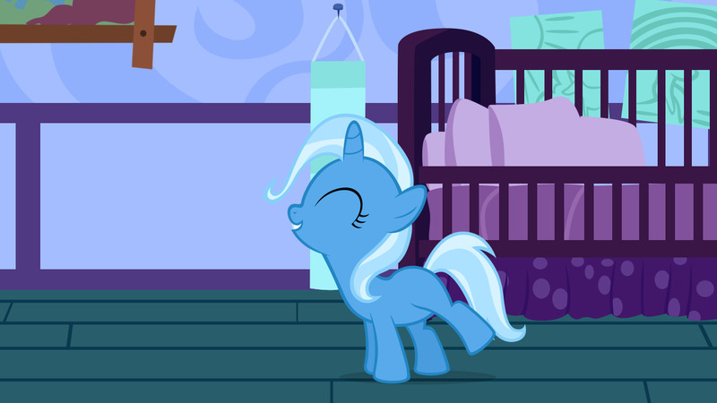 Size: 1280x720 | Tagged: safe, artist:mansionreborn, derpibooru import, trixie, pony, unicorn, eyes closed, female, filly, filly trixie, image, jpeg, solo, younger