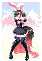 Size: 1752x2552 | Tagged: safe, artist:saikoot, derpibooru import, oc, oc:arwencuack, anthro, pegasus, arm hooves, bunny ears, bunny suit, clothes, cute, dress, gradient background, image, latex, latex stockings, maid, png, shoes, shy, socks, solo, spread wings, stockings, thigh highs, wings