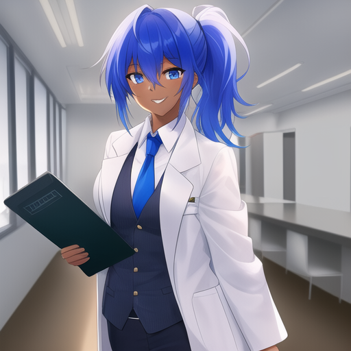 Size: 512x512 | Tagged: safe, derpibooru import, editor:jesterofdestiny, machine learning generated, minuette, human, anime style, anythingv5, clothes, dentist, folder, humanized, image, lab coat, necktie, png, ponytail, smiling, solo, vest