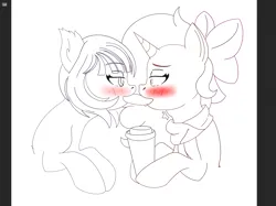 Size: 2732x2048 | Tagged: suggestive, artist:slurpymisu, derpibooru import, oc, oc:warm embrace, unofficial characters only, akaname, monster pony, original species, pony, unicorn, youkai, blowjob, blushing, coffee, coffee cup, commission, cup, deep kissing, deepthroat, duo, extreme french kiss, female, french kiss, horn, image, impossibly long tongue, kissing, lesbian, lewd, long tongue, looking at each other, looking at someone, mare, oc x oc, oral, outline, png, sex, shipping, surprise kiss, surprised, throat bulge, throat swabbing, tongue out, tongue play, tongue sucking, unicorn oc, wip