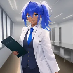 Size: 1024x1024 | Tagged: safe, derpibooru import, editor:jesterofdestiny, machine learning generated, minuette, human, anime style, anythingv5, clothes, dentist, folder, humanized, image, lab coat, necktie, png, ponytail, smiling, solo, vest
