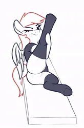 Size: 546x833 | Tagged: suggestive, artist:andelai, derpibooru import, pegasus, pony, butt, clothes, female, image, jpeg, looking at you, looking back, looking back at you, one eye closed, panties, plot, simple background, sketch, socks, solo, solo female, stockings, thigh highs, underhoof, underwear, white background, wink