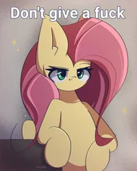 Size: 1800x2250 | Tagged: safe, artist:miryelis, derpibooru import, fluttershy, pegasus, pony, big ears, image, long hair, meme, png, signature, simple background, smiling, smug, solo, sparkles, swearing, text, vulgar