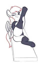 Size: 546x833 | Tagged: suggestive, artist:andelai, derpibooru import, pegasus, pony, butt, clothes, female, image, looking at you, looking back, looking back at you, one eye closed, panties, plot, png, simple background, sketch, socks, solo, solo female, stockings, thigh highs, underhoof, underwear, white background, wink