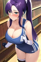 Size: 484x718 | Tagged: suggestive, derpibooru import, machine learning generated, novelai, stable diffusion, rarity, human, absolute cleavage, big breasts, blushing, breasts, busty rarity, cleavage, clothes, female, gym shorts, gym uniform, huge breasts, image, looking at you, png, ponytail, shy, solo, solo female, tight clothing