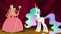 Size: 1280x720 | Tagged: safe, derpibooru import, editor:incredibubbleirishguy, princess celestia, alicorn, human, pony, crossover, crown, dorothy and the wizard of oz, glinda the good witch, image, jewelry, jpeg, regalia, sparkles, the wizard of oz