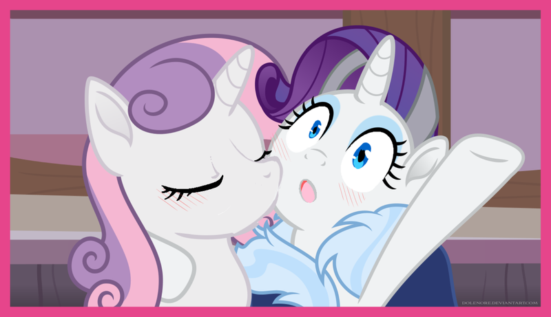 Size: 1858x1071 | Tagged: questionable, artist:cold-blooded-twilight, artist:dolenore, derpibooru import, edit, rarity, sweetie belle, pony, the last problem, blushing, eyes closed, female, image, incest, kiss on the cheek, kissing, lesbian, older, older rarity, older sweetie belle, open mouth, photo, png, raribelle, raricest, shipping, siblings, sisters