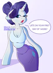Size: 2100x2900 | Tagged: safe, artist:edgyanimator, derpibooru import, rarity, anthro, pony, unicorn, alternate design, alternate hairstyle, alternate universe, annoyed, arm hooves, beautisexy, big breasts, blue eyes, blue eyeshadow, blushing, breasts, busty rarity, cel shading, cleavage, clothes, colored, curly hair, curvy, cute, cutie mark, cutie mark on clothes, derpibooru exclusive, dialogue, dialogue box, digital art, disappointed, elegant, eyelashes, eyeliner, eyeshadow, female, firealpaca, floppy ears, hair bun, half body, highlights, horn, image, jpeg, looking at you, makeup, mare, open mouth, pencil skirt, pink background, purple hair, purple mane, raribetes, sexy, shading, shiny hair, shiny mane, signature, simple background, simple shading, skinny, skirt, slim, solo, standing, stupid sexy rarity, tanktop, text, thin, tube skirt, white coat, white fur