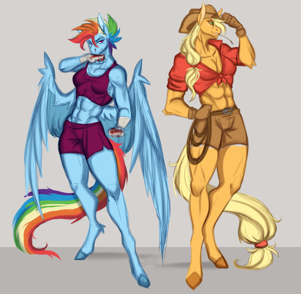 Size: 1722x1683 | Tagged: safe, artist:saltyserpent, derpibooru import, applejack, rainbow dash, anthro, earth pony, pegasus, unguligrade anthro, abs, applejacked, bleeding, blood, clothes, cowboy hat, duo, duo female, female, front knot midriff, gloves, hand wraps, hat, image, midriff, multicolored hair, muscles, muscular female, png, rainbuff dash, short hair, shorts, simple background, smiling, sports bra, standing, stetson