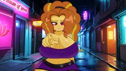 Size: 1920x1080 | Tagged: suggestive, artist:ribiruby, derpibooru import, adagio dazzle, equestria girls, alley, belly button, big breasts, breasts, busty adagio dazzle, cleavage, clothes, fangs, female, hair over one eye, huge breasts, image, lidded eyes, looking at you, open mouth, png, pointing, shorts, shoulderless, solo, solo female