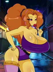 Size: 2353x3198 | Tagged: suggestive, artist:ribiruby, derpibooru import, adagio dazzle, equestria girls, alley, big breasts, breasts, busty adagio dazzle, candy, cleavage, clothes, female, food, hand on hip, holding, huge breasts, image, licking, lidded eyes, lollipop, looking down, png, sexy, shirt, shorts, shoulderless, solo, solo female, stupid sexy adagio dazzle, tongue out