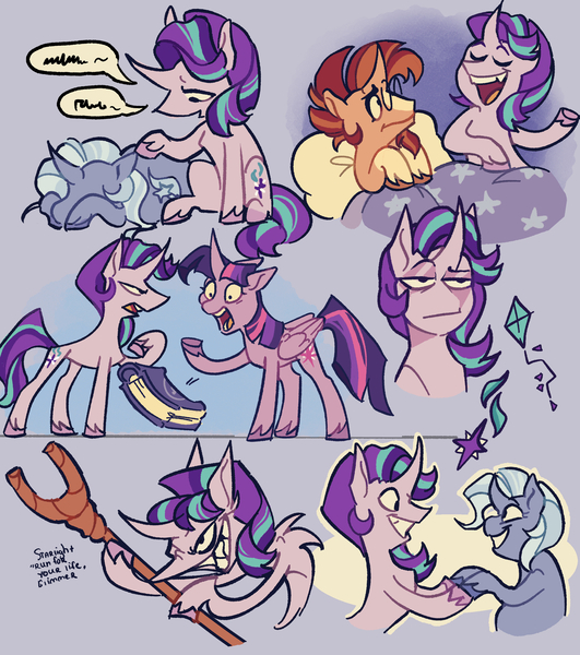 Size: 2300x2600 | Tagged: safe, artist:disaterror, derpibooru import, starlight glimmer, sunburst, trixie, twilight sparkle, twilight sparkle (alicorn), alicorn, pony, unicorn, bed, book, curved horn, eyes closed, grin, horn, image, jpeg, kite, s5 starlight, smiling, staff, staff of sameness