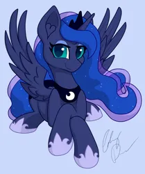 Size: 2999x3594 | Tagged: safe, artist:gleamydreams, derpibooru import, princess luna, alicorn, pony, cute, image, jpeg, lidded eyes, looking at you, lunabetes, lying down, prone, simple background, smiling, solo, spread wings, wings