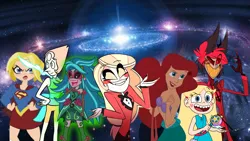 Size: 1228x692 | Tagged: safe, derpibooru import, gaea everfree, gloriosa daisy, equestria girls, legend of everfree, alastor, ariel, charlie morningstar, crossover, dc comics, dc superhero girls, galaxy, guardians of the galaxy, guardians of the galaxy vol 3, hazbin hotel, image, marvel, marvel cinematic universe, pearl (steven universe), png, space, star butterfly, star vs the forces of evil, steven universe, supergirl, the little mermaid