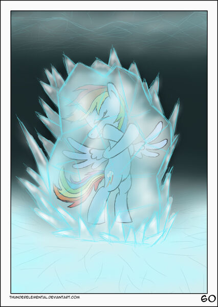 Size: 1600x2255 | Tagged: safe, artist:thunderelemental, derpibooru import, rainbow dash, pegasus, pony, comic:swarm rising, comic, eyes closed, frozen, ice, image, jpeg, single panel, spread wings, wings