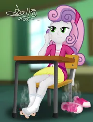 Size: 2309x3000 | Tagged: suggestive, artist:tidmouthmilk12, derpibooru import, sweetie belle, human, equestria girls, clothes, dirty socks, feet, fetish, foot fetish, image, macro/micro, png, shoes removed, smelly feet, smelly socks, sock fetish, socks, tiny