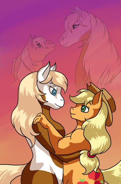 Size: 550x835 | Tagged: suggestive, artist:da_space_kase, artist:katsaka, artist:spacekase, derpibooru import, applejack, anthro, earth pony, horse, pony, crossover, fanart, female, image, lesbian, my little pony, png, rain, spirit: stallion of the cimarron