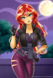 Size: 888x1300 | Tagged: safe, alternate version, artist:racoonsan, color edit, derpibooru import, edit, editor:drakeyc, sunset shimmer, undead, vampire, costume conundrum, equestria girls, equestria girls series, spoiler:eqg series (season 2), breasts, busty sunset shimmer, clothes, colored, costume, equestria girls edit, female, gloves, halloween, halloween costume, holiday, image, looking at you, pants, png, ripped pants, skin color edit, smiling, solo, torn clothes