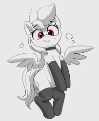 Size: 1821x2245 | Tagged: safe, artist:pabbley, derpibooru import, rainbow dash, pegasus, pony, black and white, blushing, choker, clothes, cute, dashabetes, eyebrows, eyebrows visible through hair, female, floating heart, grayscale, heart, image, jpeg, looking at you, mare, monochrome, partial color, simple background, smiling, smiling at you, socks, solo, spread wings, stockings, thigh highs, white background, wings