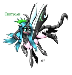 Size: 1853x1922 | Tagged: safe, artist:questionmarkdragon, derpibooru import, changeling queen oc, oc, unofficial characters only, changeling, changeling queen, changepony, hybrid, bio in description, blushing, eyelashes, female, horns, image, interspecies offspring, magical lesbian spawn, makeup, offspring, parent:fluttershy, parent:queen chrysalis, parents:chrysashy, png, signature, simple background, solo, white background