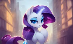 Size: 1280x768 | Tagged: safe, ai content, derpibooru import, machine learning generated, pony diffusion, stable diffusion, rarity, pony, unicorn, g4, blue eyes, blushing, city, cityscape, eyeshadow, generator:pony diffusion v4, glow, glowing horn, horn, image, jpeg, lidded eyes, looking at you, magic, magic aura, makeup, prompt in description, prompter:marusame, purple hair, smiling, smiling at you, solo, standing on two hooves