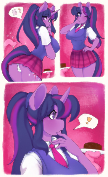 Size: 1208x1984 | Tagged: questionable, artist:tolsticot, derpibooru import, twilight sparkle, anthro, unicorn, art pack:back door, alternate hairstyle, ass, big breasts, breasts, busty twilight sparkle, butt, cake, clothes, comic, female, food, i've seen enough hentai to know where this is going, image, jpeg, panties, pictogram, ponytail, school uniform, skirt, solo, solo female, tentacles, twibutt, underwear, upskirt