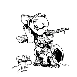 Size: 1280x1280 | Tagged: source needed, safe, artist:hotkoin, derpibooru import, apple bloom, cyborg, earth pony, pony, fanfic:night mares, augmented, bandage, black and white, bow, box, clothes, eating, female, food, grayscale, gun, hair bow, image, mechanical hands, monochrome, png, rifle, simple background, sniper rifle, solo, standing on two hooves, weapon, white background