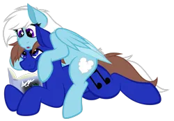 Size: 1652x1157 | Tagged: safe, artist:feather_bloom, derpibooru import, oc, oc:blueskies, oc:featherbloom, earth pony, pegasus, pony, book, couple, image, png, simple background, sitting on, sitting on person, sitting on pony, starry eyes, transparent background, wholesome, wingding eyes