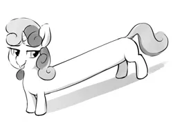 Size: 540x380 | Tagged: artist needed, source needed, safe, derpibooru import, sweetie belle, pony, unicorn, female, image, long pony, monochrome, png, simple background, solo, tongue out, white background