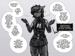 Size: 1444x1080 | Tagged: safe, artist:replica, derpibooru import, oc, oc:replica, unofficial characters only, anthro, earth pony, armor, civil protection, dialogue, eyes closed, female, grayscale, half-life, half-life 2, image, jpeg, monochrome, radio, shrug, solo, speech bubble