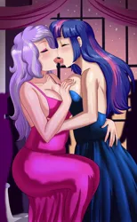 Size: 1258x2048 | Tagged: suggestive, artist:thebrokencog, derpibooru import, diamond tiara, twilight sparkle, human, age difference, arm behind back, asymmetrical docking, ball, big breasts, breasts, busty diamond tiara, busty twilight sparkle, butt, cleavage, clothes, commission, crack shipping, dress, drool, drool string, duo, duo female, eyes closed, eyeshadow, female, females only, french kiss, gown, hand on breasts, hips, humanized, image, jpeg, kissing, large butt, lesbian, makeup, older, older diamond tiara, salivating, seduction, seductive pose, sexy, shipping, sloppy kissing, sultry, tongue out, tongue play, twiara