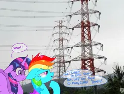 Size: 1511x1151 | Tagged: safe, artist:petaltwinkle, derpibooru import, rainbow dash, twilight sparkle, twilight sparkle (alicorn), alicorn, pegasus, pony, dialogue, duo, electrical tower, female, image, irl, jpeg, mare, photo, ponies in real life, power line, rainbow dumb, speech bubble