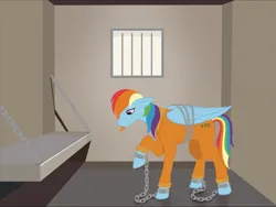 Size: 2919x2199 | Tagged: safe, artist:ssaginar, derpibooru import, rainbow dash, bound wings, chained, chains, clothes, commissioner:rainbowdash69, image, jail, never doubt rainbowdash69's involvement, png, prison, prison outfit, prisoner, prisoner rd, shackles, solo, wings