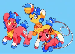 Size: 4096x2984 | Tagged: safe, artist:cocopudu, derpibooru import, oc, oc:rocket puff, oc:tippy paws, unofficial characters only, earth pony, pony, unicorn, balancing, beach ball, blue background, brothers, cloven hooves, coat markings, colt, duo, foal, freckles, image, jpeg, looking up, male, neckerchief, open mouth, open smile, siblings, simple background, smiling, socks (coat marking), unshorn fetlocks