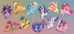 Size: 5581x2569 | Tagged: safe, artist:alzmariowolfe, derpibooru import, applejack, fluttershy, hitch trailblazer, izzy moonbow, pinkie pie, pipp petals, rainbow dash, rarity, sunny starscout, twilight sparkle, twilight sparkle (alicorn), zipp storm, alicorn, earth pony, pegasus, pony, unicorn, g5, g4, gradient background, image, mane five (g5), mane six, png, tongue out