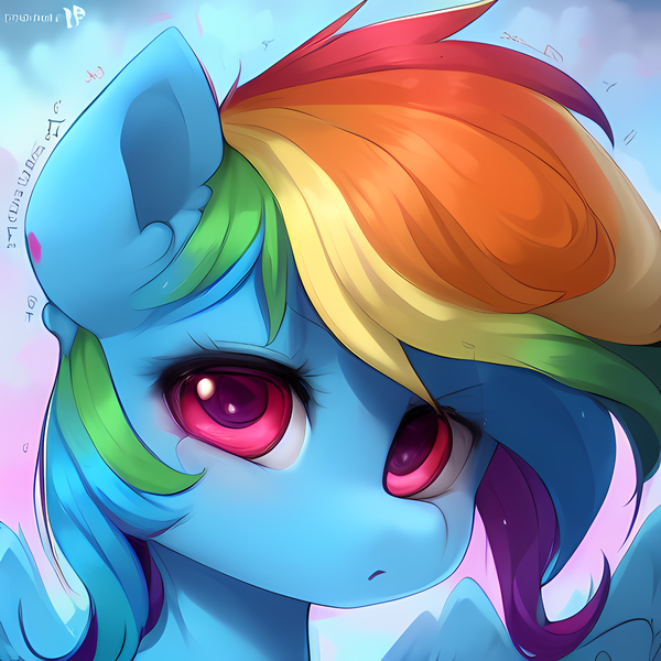 Size: 2048x2048 | Tagged: safe, derpibooru import, editor:darkshy, machine learning generated, purplesmart.ai, stable diffusion, rainbow dash, pony, bust, female, image, multicolored hair, png, portrait, rainbow hair, solo