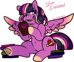 Size: 1599x1342 | Tagged: safe, artist:sexygoatgod, derpibooru import, oc, oc:star crossed, unofficial characters only, pegasus, pony, adoptable, book, braces, female, frog (hoof), image, one eye closed, png, simple background, solo, transparent background, underhoof, wink