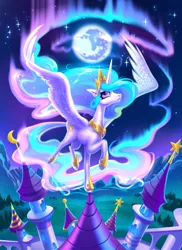 Size: 1455x2000 | Tagged: safe, artist:blueblizzzard, derpibooru import, princess celestia, alicorn, pony, aurora borealis, beautiful, canterlot castle, castle, crown, digital art, female, flying, full moon, hoof shoes, image, jewelry, mare, mare in the moon, moon, night, peytral, png, regalia, sky, solo, spread toes, spread wings, wings