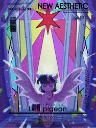 Size: 1620x2160 | Tagged: safe, artist:lendftcn, derpibooru import, twilight sparkle, twilight sparkle (alicorn), alicorn, pony, eyes closed, female, film grain, image, jpeg, mare, solo, spread wings, stained glass, stained glass window, text, wings