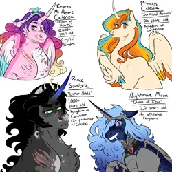 Size: 3000x3000 | Tagged: safe, artist:gingygin, derpibooru import, king sombra, nightmare moon, princess cadance, princess celestia, alicorn, pony, unicorn, alicorn amulet, alternate universe, cheek fluff, chest fluff, cloven hooves, colored wings, colored wingtips, elderly, fangs, feathered fetlocks, female, heart, heart eyes, image, male, mare, png, scar, simple background, stallion, white background, wingding eyes, wings