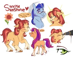 Size: 1280x1011 | Tagged: safe, artist:primrosepaper, derpibooru import, sunny starscout, oc, oc:sunrise sunshine, earth pony, pony, g5, argyle starshine, female, filly, filly sunny starscout, image, male, mare, mother and child, mother and daughter, png, simple background, stallion, telescope, white background, younger